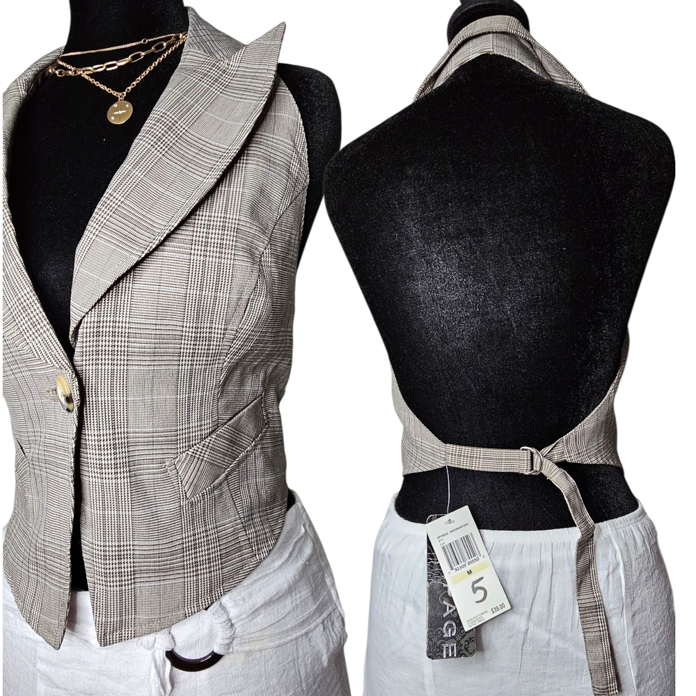 Vintage Rampage Women's Checkered Beige Vest Sz M - Picture 2 of 4